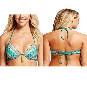 SHADE & SHORE Bikini Top Mint Green Pink Halter 34B SMALL Nordic Padded Beads‎